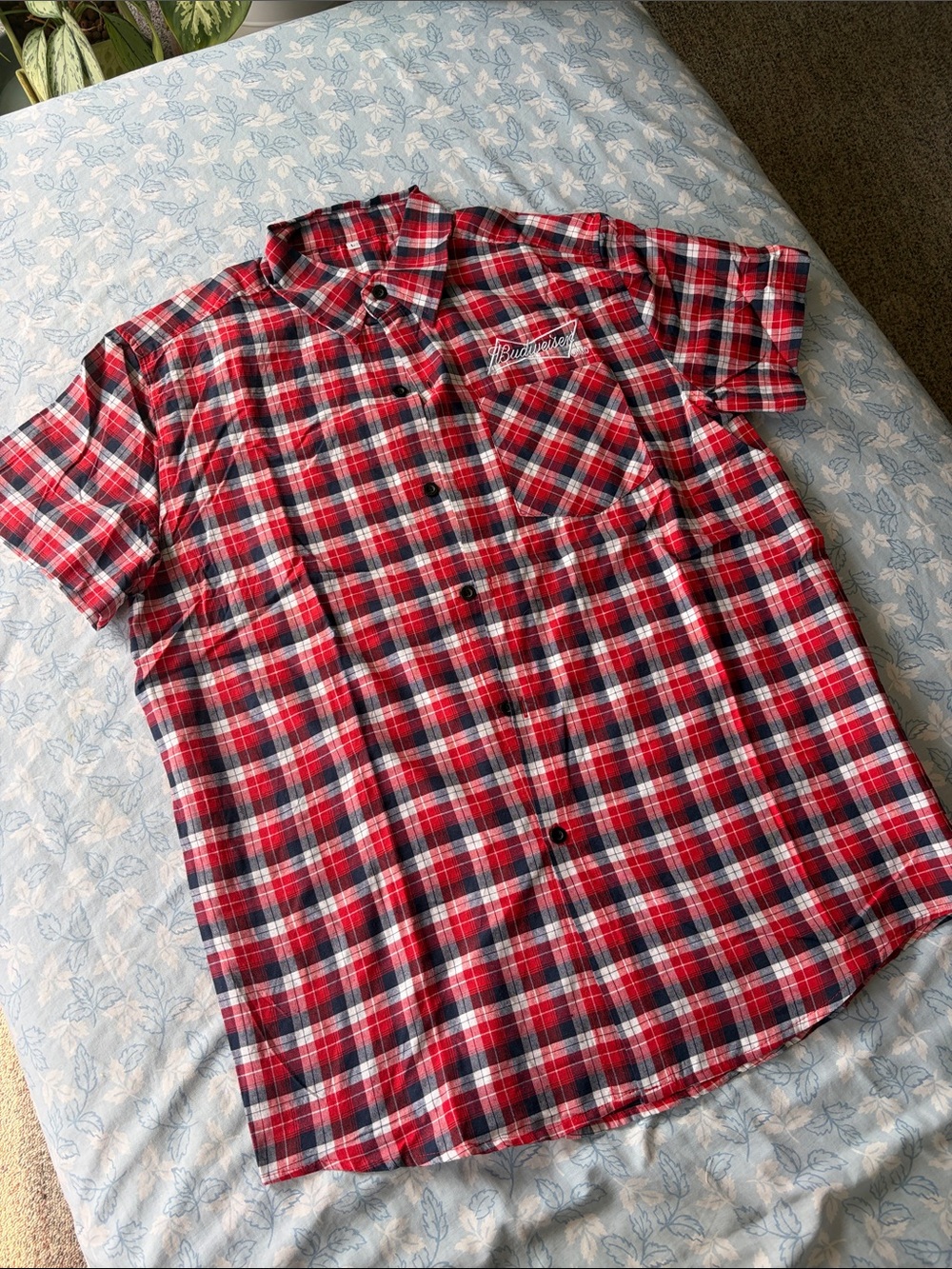 Budweiser Red and Black Plaid Short-Sleeve Button-Down Shirt